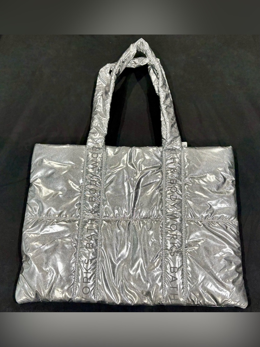 Bath & Body Works Silver Metallic Puffer Tote Bag Large Shopper Carryall NWT